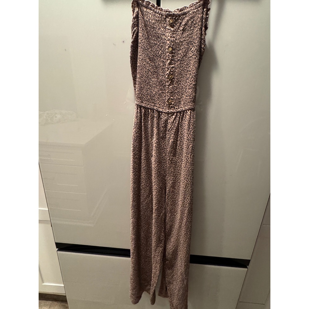 Abercrombie & Fitch Leopard Print Smocked Wide Leg Jumpsuit Brown Medium
